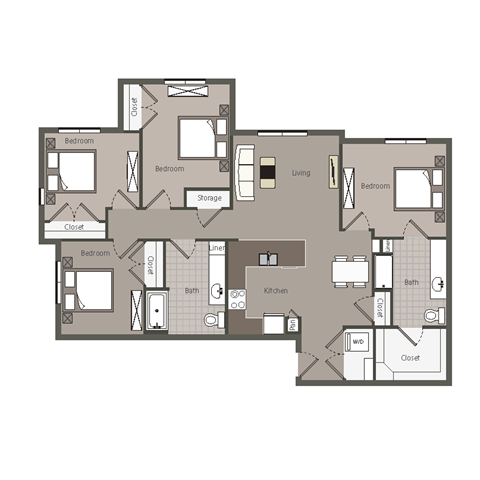 Floor plan for 4 beds, 2 baths, 1363 sqft